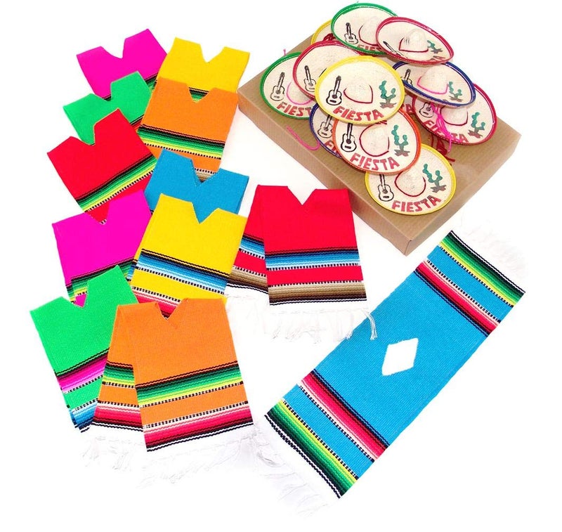 More Fiesta Set of 12 Serapes for Bottles and Mini Fiesta Hats for Bottles - 4 Inches by 11 Inches Poncho Cover, 3.5 Inches Wide Sombrero (Pack With 12 Each) Multicolored - Image 2
